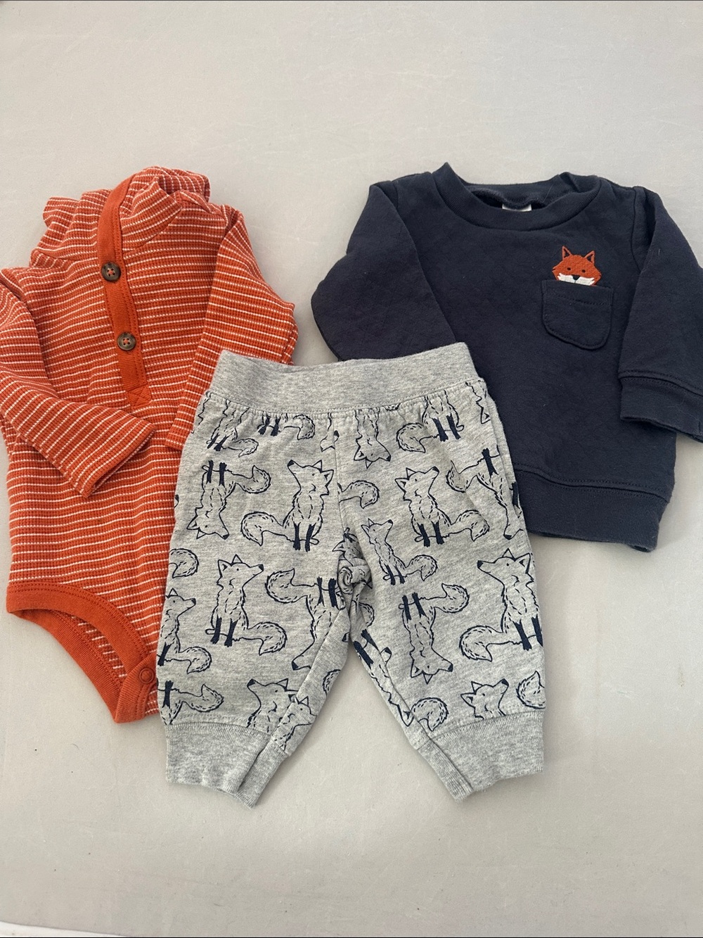 Carter's Orange Striped Bodysuit with Navy Fox Sweatshirt & Gray Fox Pants